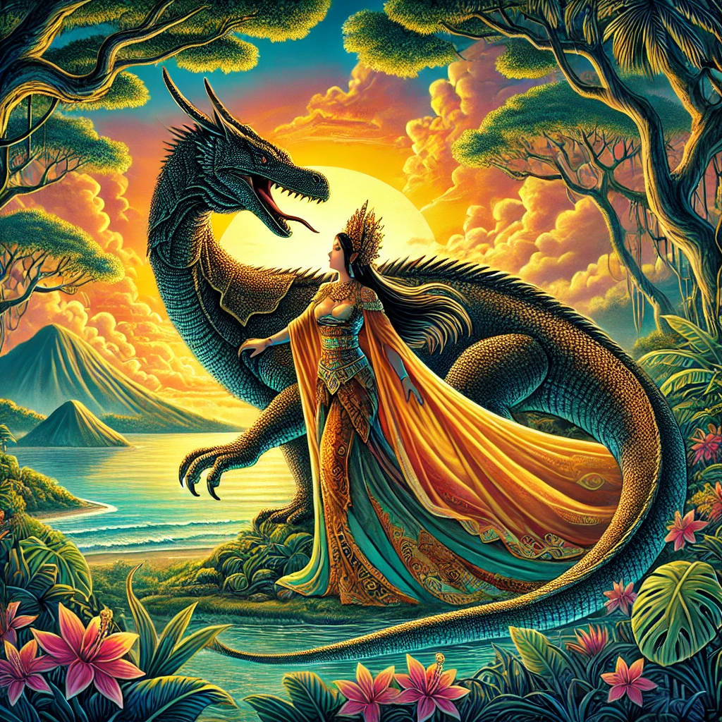 A fantastical illustration of The Legend of Putri Naga (The Dragon Princess) from Komodo Island