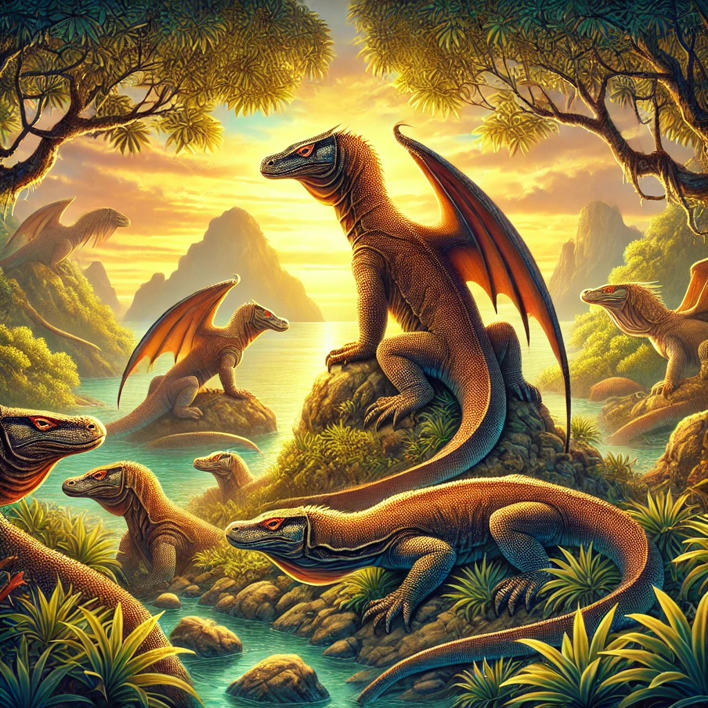 An artistic illustration depicting the myth of the Guardian Dragons of Komodo Island. Several majes